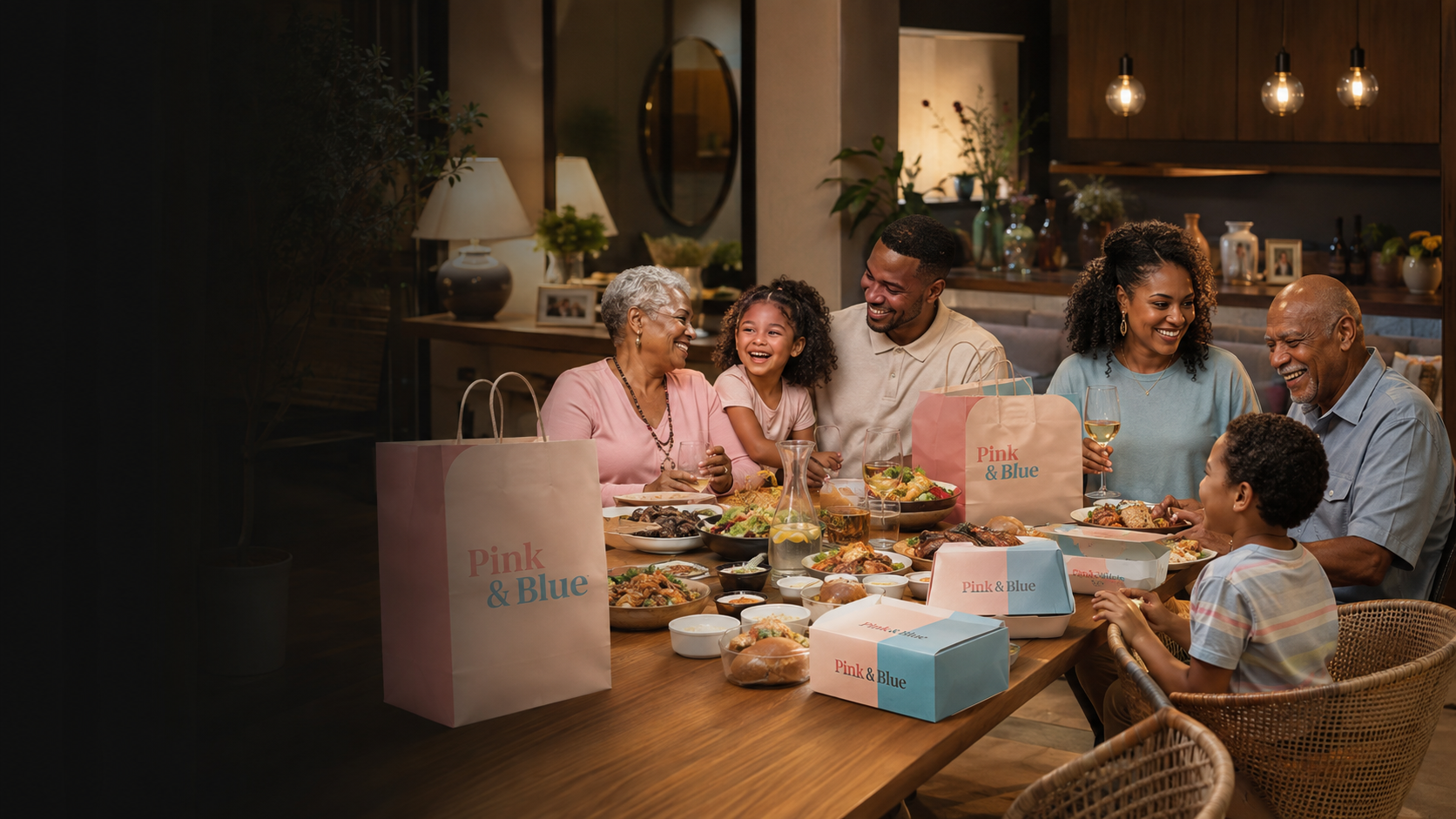 A Pink & Blue courier racing through an African retail street with food and fresh groceries in a Pink & Blue delivery box